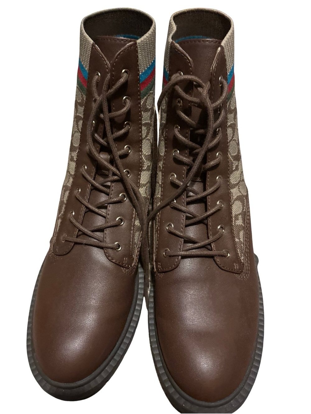 Coach Brown Leather & Signature Monogram Lace-Up Boots with Accent Stripe